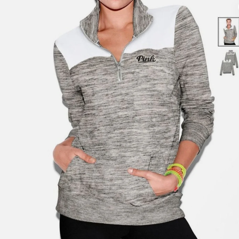 PINK Victoria's Secret size M  Gray and White quarter zip pullover LOVE PINK. - Picture 3 of 10
